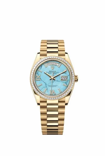 Rolex Day-Date 36 Yellow Gold - Baguette / Turquoise / President 128398TBR-0014 (m128398tbr-0014)